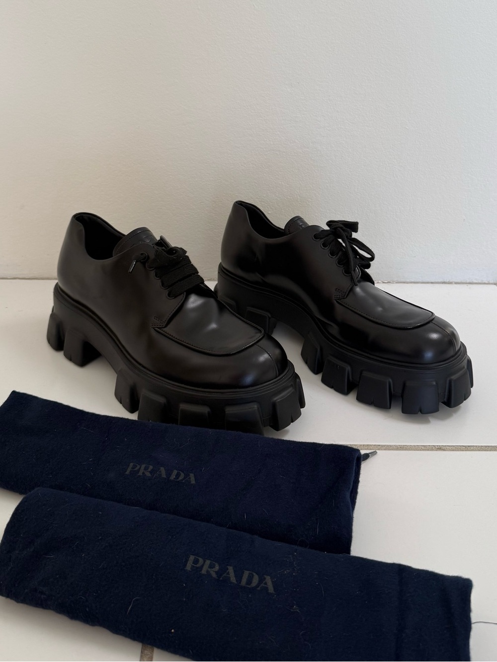 PRADA Monolith Black Chunky Lug Sole Leather Derby Shoes - Sz 10 - 💯 AUTHENTIC